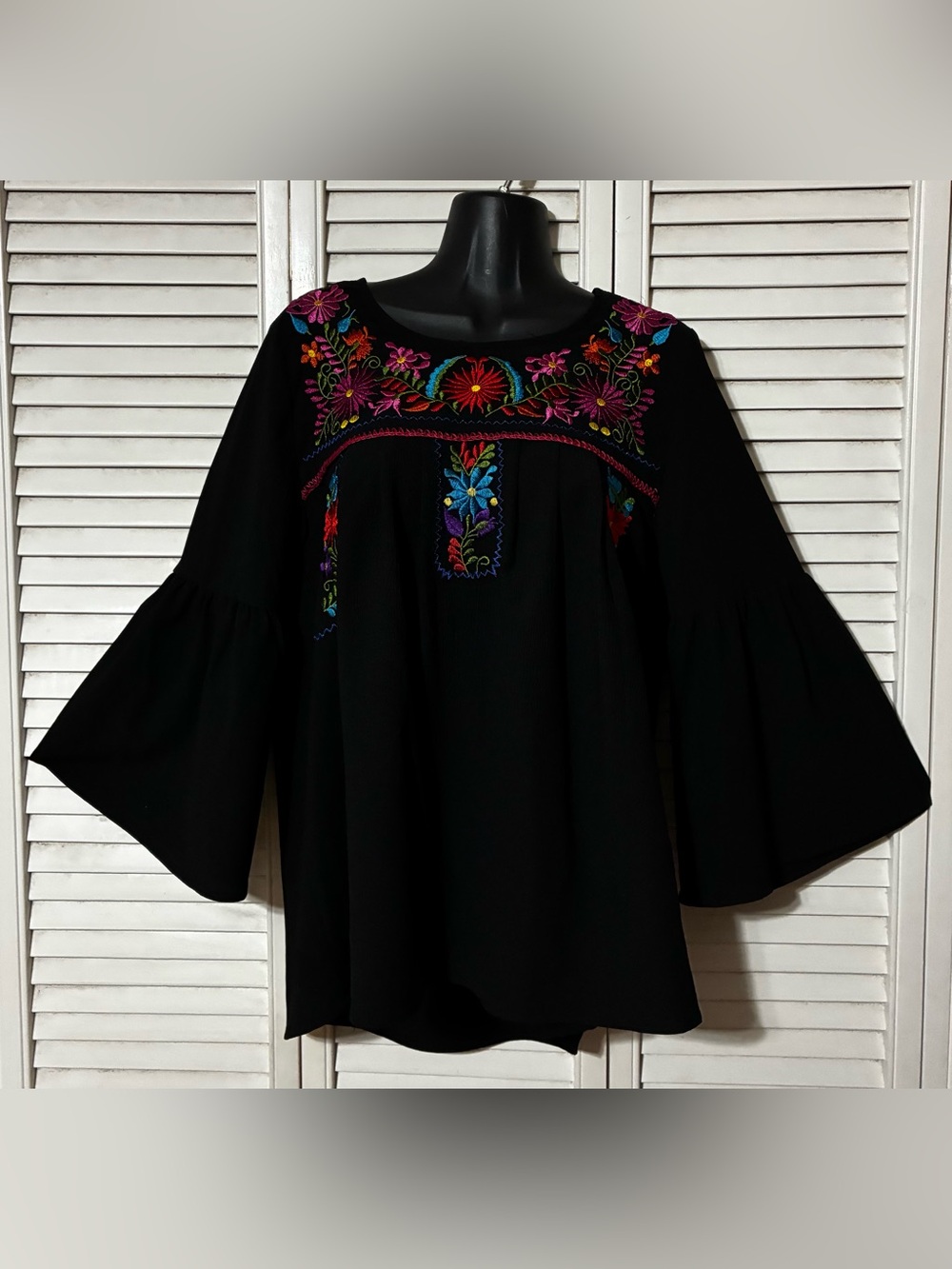 entro Black bell Sleeve Embroidered Boho Tunic with Multicolor Floral Detail